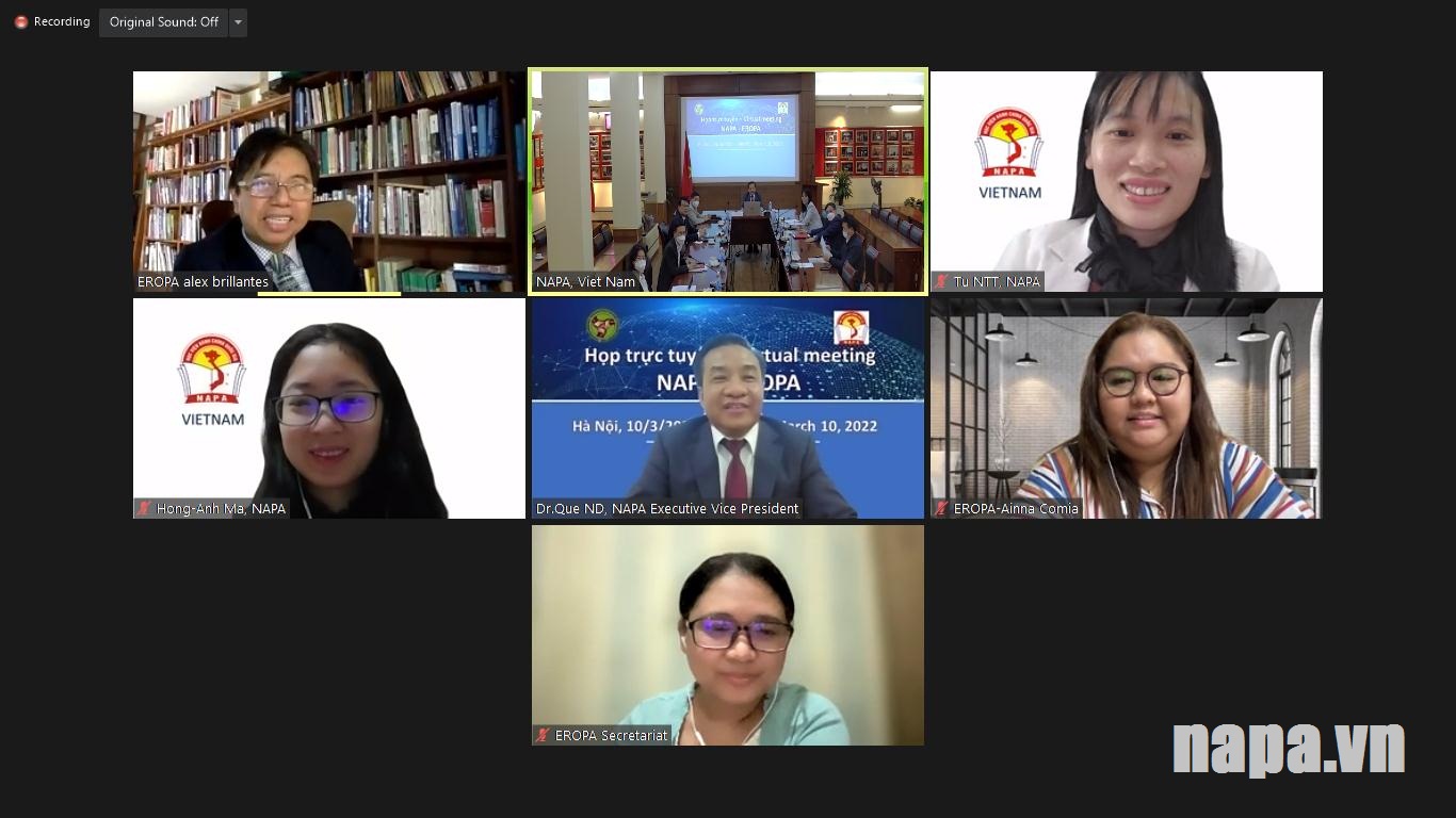 Phó Giám đốc điều hành Học viện Hành chính Quốc gia làm việc trực tuyến với Tổng Thư ký EROPA