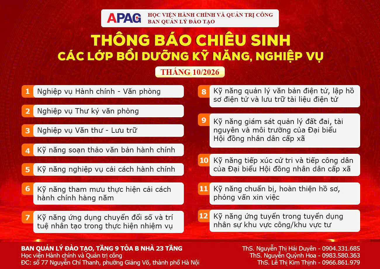 Thông báo Chiêu sinh các lớp Bồi dưỡng kỹ năng, nghiệp vụ tháng 10/2026