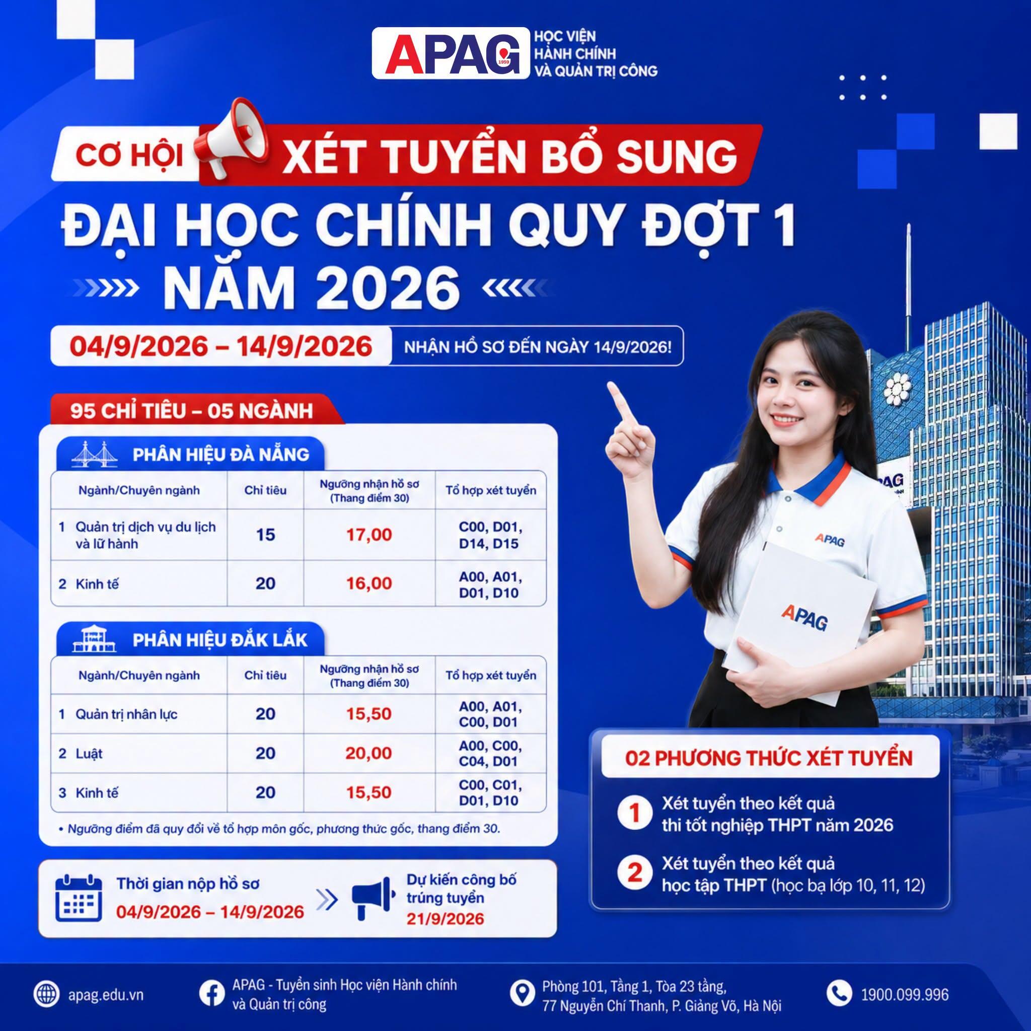 Thông báo Xét tuyển đại học chính quy bổ sung đợt 1 năm 2026 của Phân hiệu Học viện Hành chính và Quản trị công tại TP. Đà Nẵng và Phân hiệu Học viện Hành chính và Quản trị công tại tỉnh Đắk Lắk